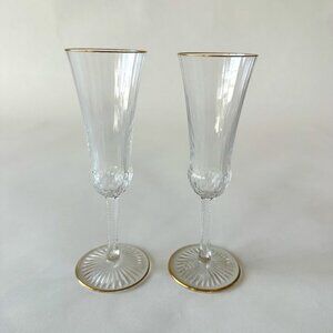 St. Louis Apollo Set of 2 Gold Rimmed Etched Crystal Champagne Flutes Glasses